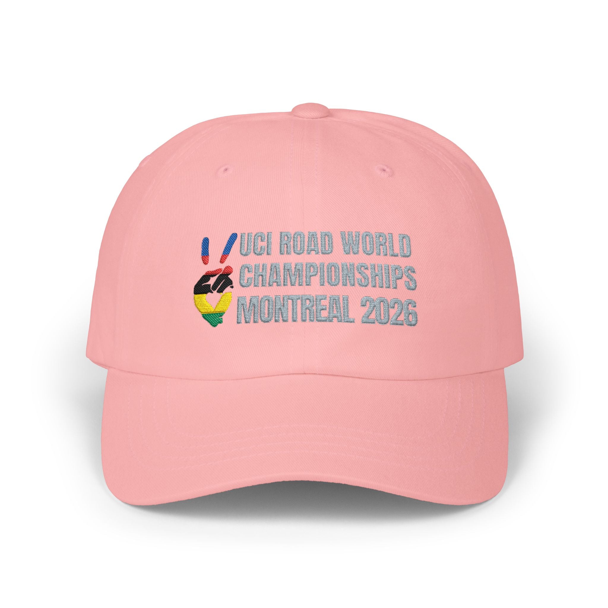 2026 Montreal UCI World Road Cycling Championships Cap with Peace + Love Rainbow Stripes Embroidered Design