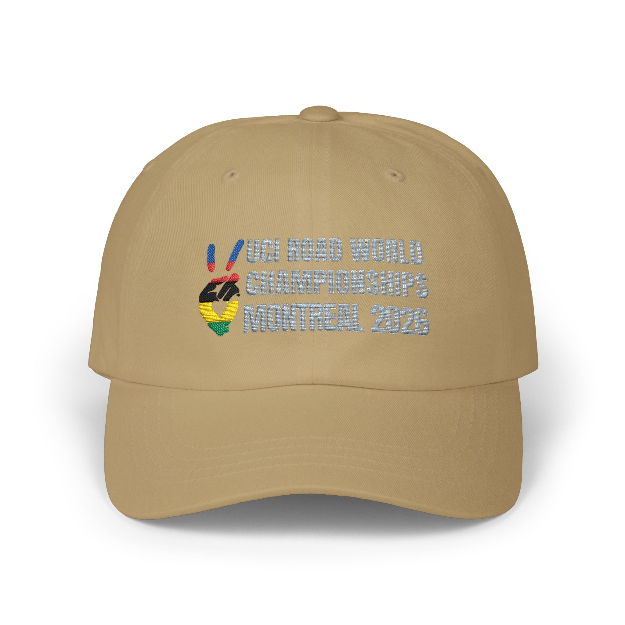 2026 Montreal UCI World Road Cycling Championships Cap with Peace + Love Rainbow Stripes Embroidered Design