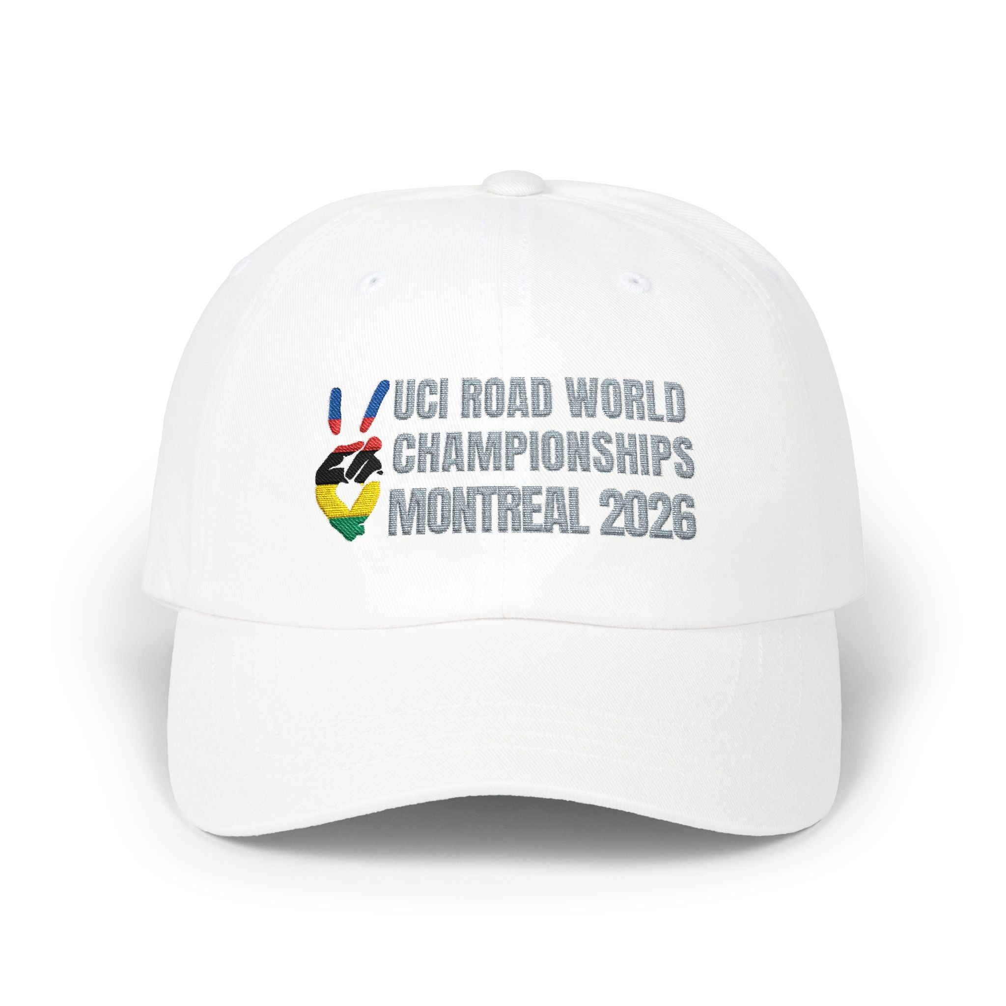 2026 UCI World Road Championships Montreal Cap with Peace + Love Rainbow Stripes Embroidered Design