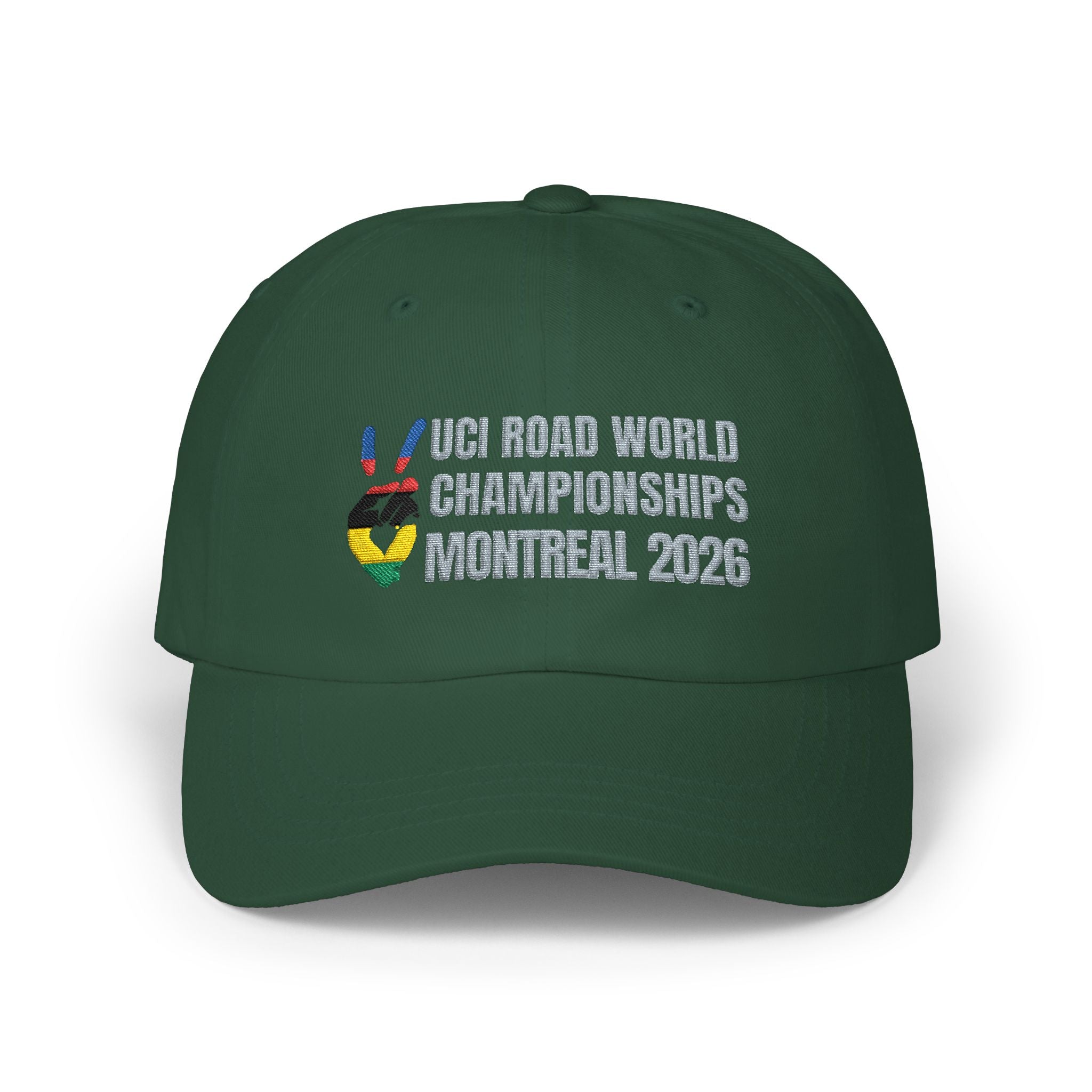 2026 Montreal UCI World Road Cycling Championships Cap with Peace + Love Rainbow Stripes Embroidered Design