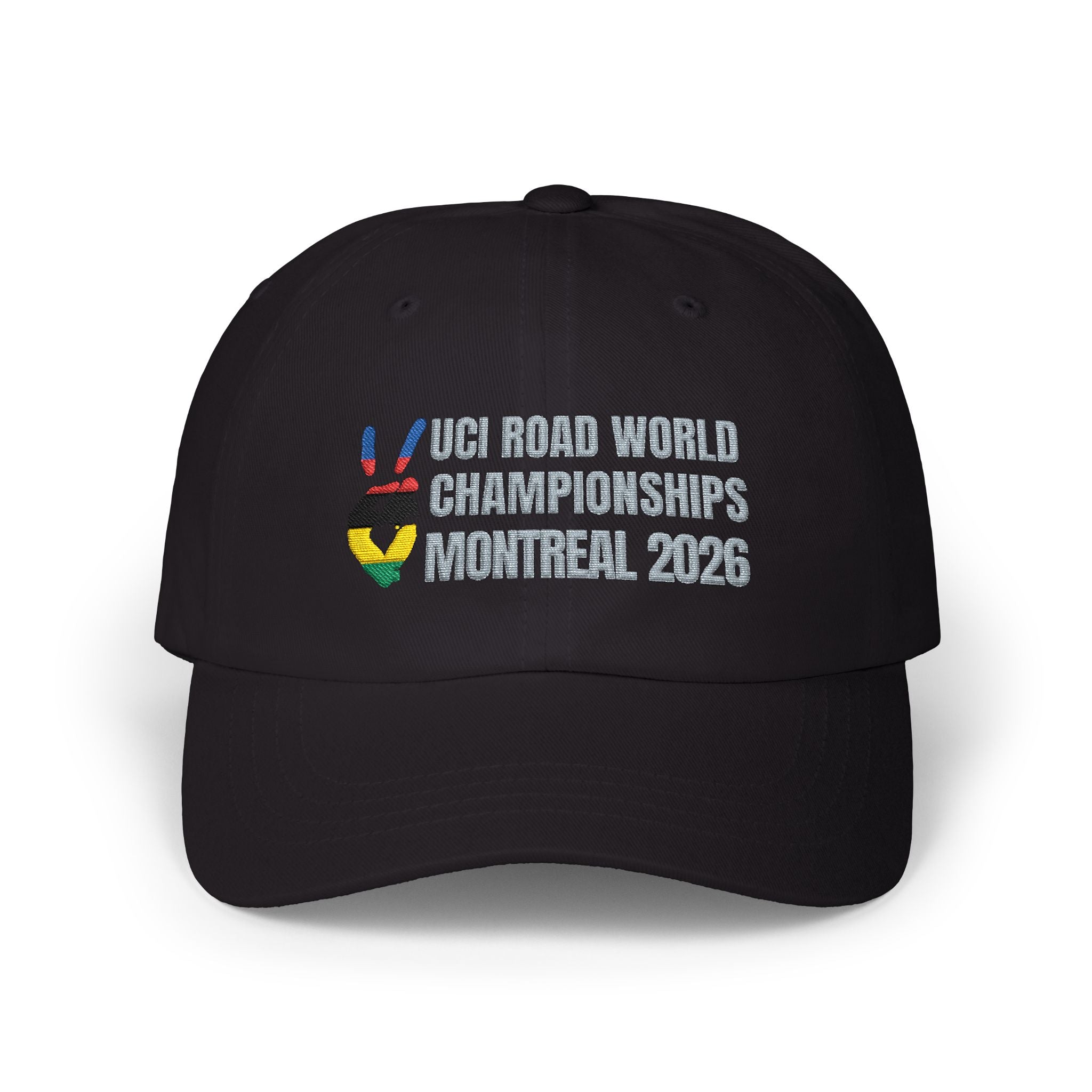 2026 Montreal UCI World Road Cycling Championships Cap with Peace + Love Rainbow Stripes Embroidered Design