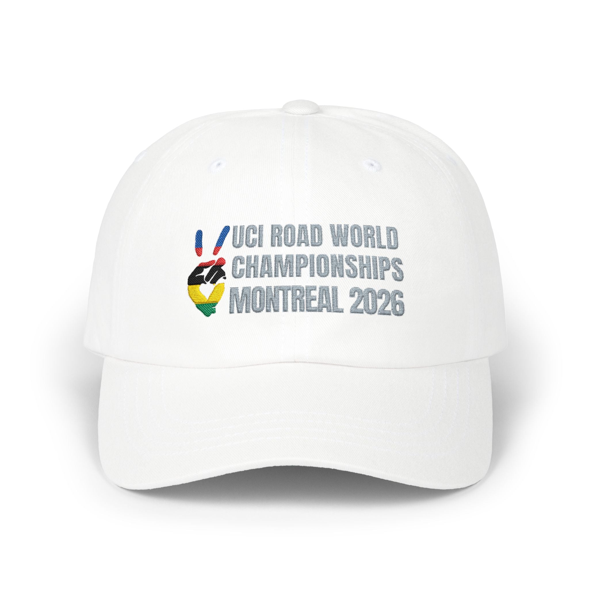2026 Montreal UCI World Road Cycling Championships Cap with Peace + Love Rainbow Stripes Embroidered Design